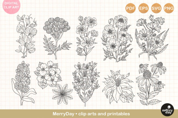 11 Summer Flower Outline Clip Art for Crafting and Graphics