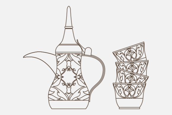 Outline Arab Coffee Pot and Cups Stack Graphics